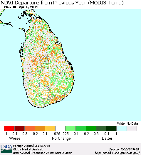 Sri Lanka NDVI Departure from Previous Year (Terra-MODIS) Thematic Map For 4/1/2019 - 4/10/2019