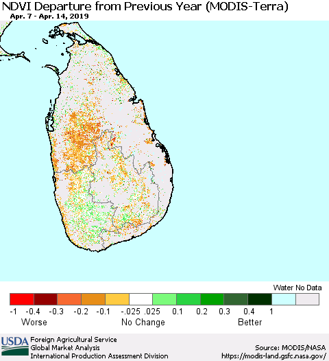 Sri Lanka NDVI Departure from Previous Year (MODIS-Terra) Thematic Map For 4/11/2019 - 4/20/2019