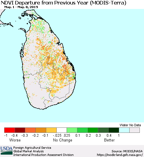 Sri Lanka NDVI Departure from Previous Year (Terra-MODIS) Thematic Map For 5/1/2019 - 5/10/2019