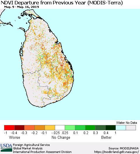 Sri Lanka NDVI Departure from Previous Year (Terra-MODIS) Thematic Map For 5/11/2019 - 5/20/2019