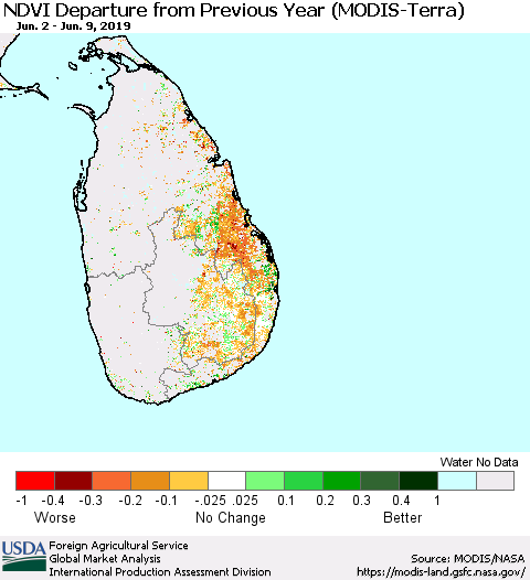 Sri Lanka NDVI Departure from Previous Year (Terra-MODIS) Thematic Map For 6/1/2019 - 6/10/2019