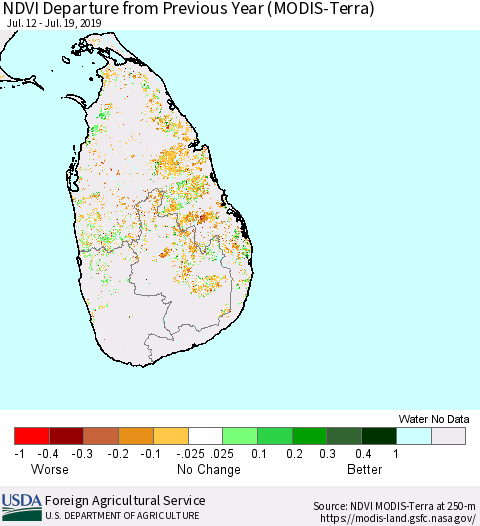 Sri Lanka NDVI Departure from Previous Year (Terra-MODIS) Thematic Map For 7/11/2019 - 7/20/2019