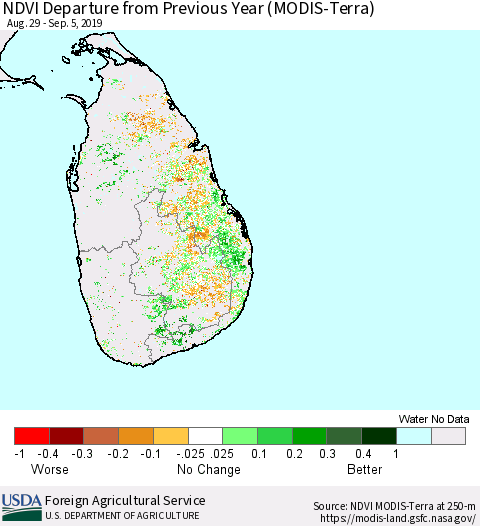 Sri Lanka NDVI Departure from Previous Year (Terra-MODIS) Thematic Map For 9/1/2019 - 9/10/2019