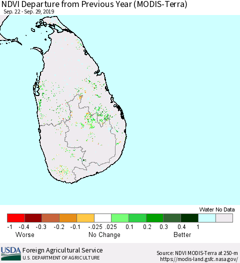 Sri Lanka NDVI Departure from Previous Year (Terra-MODIS) Thematic Map For 9/21/2019 - 9/30/2019