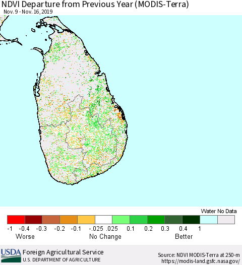 Sri Lanka NDVI Departure from Previous Year (Terra-MODIS) Thematic Map For 11/11/2019 - 11/20/2019