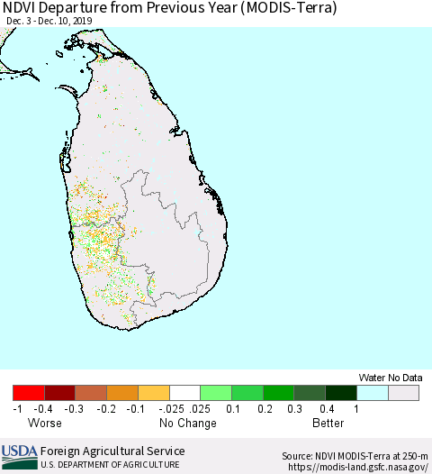 Sri Lanka NDVI Departure from Previous Year (Terra-MODIS) Thematic Map For 12/1/2019 - 12/10/2019