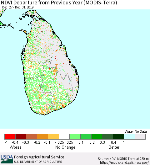 Sri Lanka NDVI Departure from Previous Year (Terra-MODIS) Thematic Map For 12/21/2019 - 12/31/2019