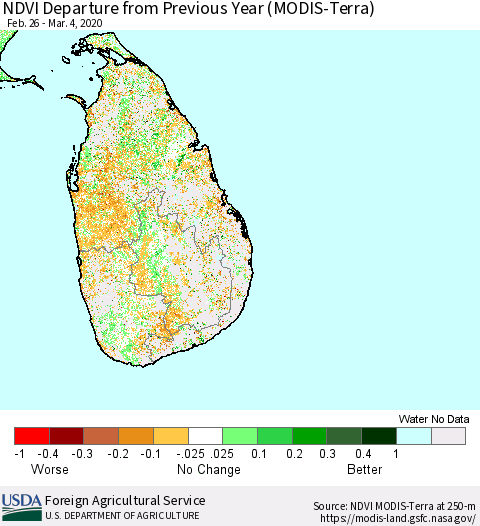 Sri Lanka NDVI Departure from Previous Year (Terra-MODIS) Thematic Map For 3/1/2020 - 3/10/2020