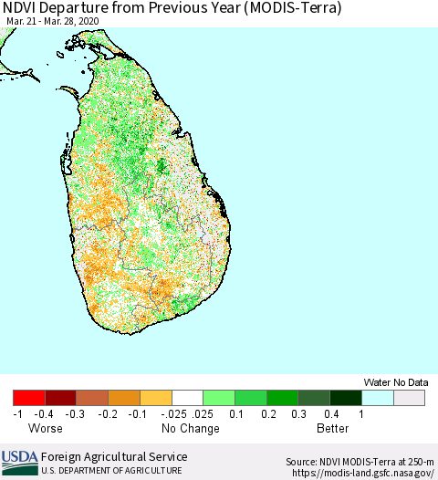 Sri Lanka NDVI Departure from Previous Year (Terra-MODIS) Thematic Map For 3/21/2020 - 3/31/2020