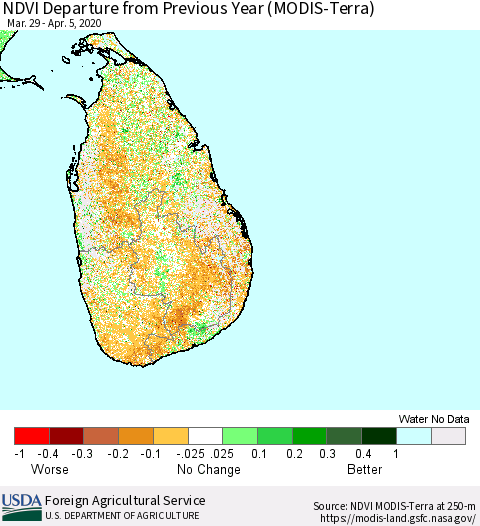 Sri Lanka NDVI Departure from Previous Year (Terra-MODIS) Thematic Map For 4/1/2020 - 4/10/2020