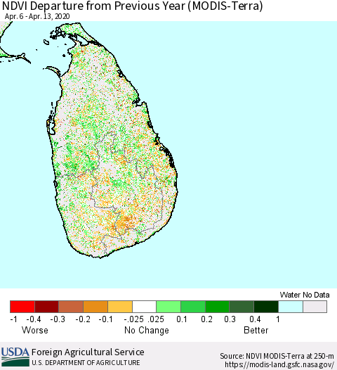 Sri Lanka NDVI Departure from Previous Year (Terra-MODIS) Thematic Map For 4/11/2020 - 4/20/2020