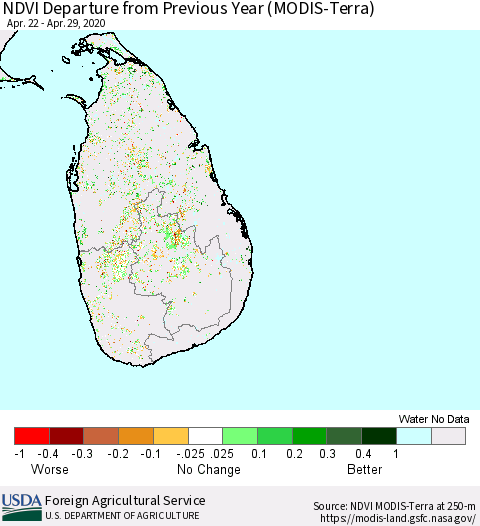 Sri Lanka NDVI Departure from Previous Year (Terra-MODIS) Thematic Map For 4/21/2020 - 4/30/2020