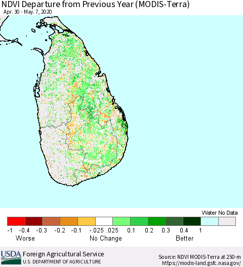 Sri Lanka NDVI Departure from Previous Year (Terra-MODIS) Thematic Map For 5/1/2020 - 5/10/2020