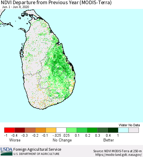 Sri Lanka NDVI Departure from Previous Year (MODIS-Terra) Thematic Map For 6/1/2020 - 6/10/2020