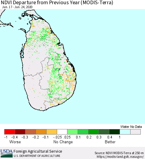Sri Lanka NDVI Departure from Previous Year (Terra-MODIS) Thematic Map For 6/21/2020 - 6/30/2020