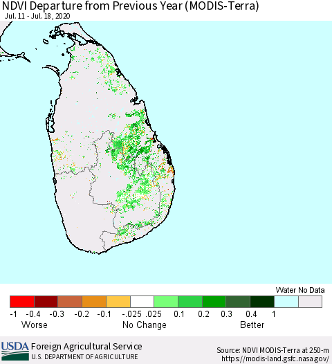 Sri Lanka NDVI Departure from Previous Year (MODIS-Terra) Thematic Map For 7/11/2020 - 7/20/2020