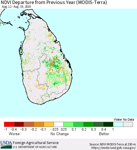Sri Lanka NDVI Departure from Previous Year (Terra-MODIS) Thematic Map For 8/11/2020 - 8/20/2020