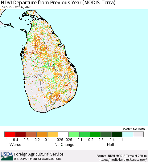 Sri Lanka NDVI Departure from Previous Year (MODIS-Terra) Thematic Map For 10/1/2020 - 10/10/2020