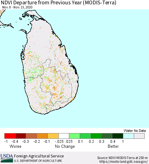 Sri Lanka NDVI Departure from Previous Year (MODIS-Terra) Thematic Map For 11/11/2020 - 11/20/2020
