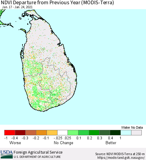 Sri Lanka NDVI Departure from Previous Year (MODIS-Terra) Thematic Map For 1/21/2021 - 1/31/2021