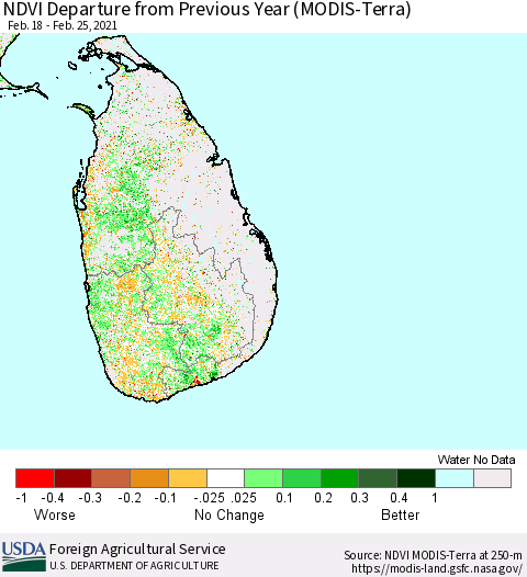 Sri Lanka NDVI Departure from Previous Year (Terra-MODIS) Thematic Map For 2/21/2021 - 2/28/2021