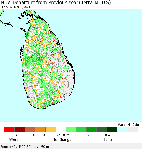 Sri Lanka NDVI Departure from Previous Year (Terra-MODIS) Thematic Map For 2/26/2021 - 3/5/2021