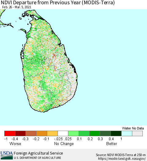 Sri Lanka NDVI Departure from Previous Year (Terra-MODIS) Thematic Map For 3/1/2021 - 3/10/2021