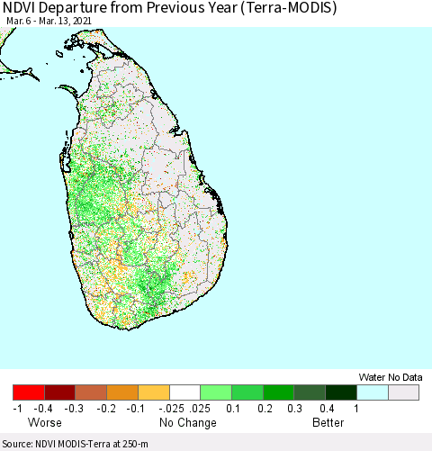 Sri Lanka NDVI Departure from Previous Year (Terra-MODIS) Thematic Map For 3/6/2021 - 3/13/2021