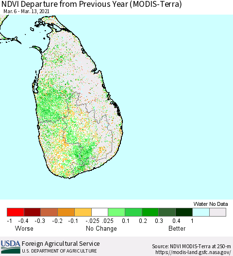 Sri Lanka NDVI Departure from Previous Year (Terra-MODIS) Thematic Map For 3/11/2021 - 3/20/2021