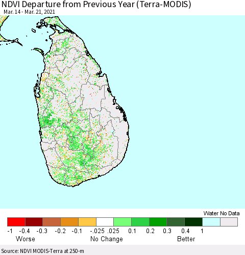 Sri Lanka NDVI Departure from Previous Year (Terra-MODIS) Thematic Map For 3/14/2021 - 3/21/2021