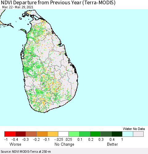 Sri Lanka NDVI Departure from Previous Year (Terra-MODIS) Thematic Map For 3/22/2021 - 3/29/2021