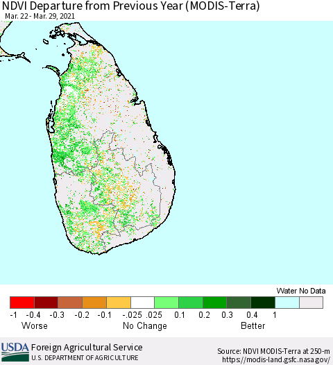 Sri Lanka NDVI Departure from Previous Year (Terra-MODIS) Thematic Map For 3/21/2021 - 3/31/2021
