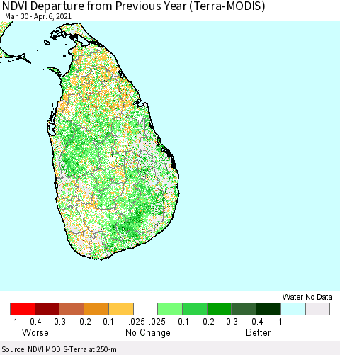 Sri Lanka NDVI Departure from Previous Year (Terra-MODIS) Thematic Map For 3/30/2021 - 4/6/2021