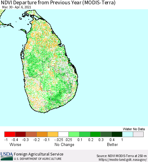 Sri Lanka NDVI Departure from Previous Year (Terra-MODIS) Thematic Map For 4/1/2021 - 4/10/2021