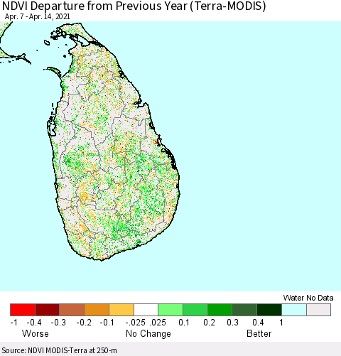 Sri Lanka NDVI Departure from Previous Year (Terra-MODIS) Thematic Map For 4/7/2021 - 4/14/2021