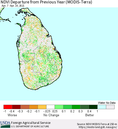 Sri Lanka NDVI Departure from Previous Year (Terra-MODIS) Thematic Map For 4/11/2021 - 4/20/2021
