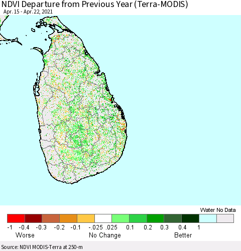Sri Lanka NDVI Departure from Previous Year (Terra-MODIS) Thematic Map For 4/15/2021 - 4/22/2021