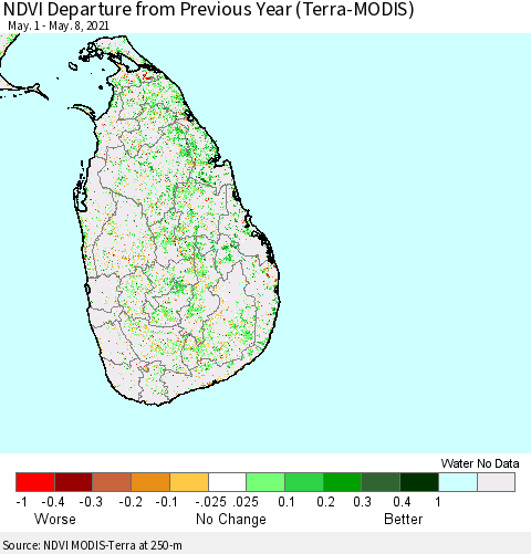 Sri Lanka NDVI Departure from Previous Year (Terra-MODIS) Thematic Map For 5/1/2021 - 5/8/2021