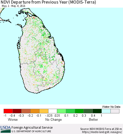 Sri Lanka NDVI Departure from Previous Year (Terra-MODIS) Thematic Map For 5/1/2021 - 5/10/2021
