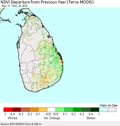 Sri Lanka NDVI Departure from Previous Year (Terra-MODIS) Thematic Map For 5/17/2021 - 5/24/2021