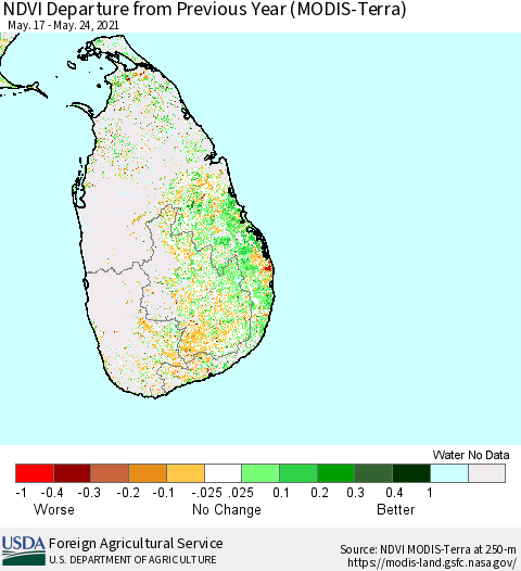 Sri Lanka NDVI Departure from Previous Year (Terra-MODIS) Thematic Map For 5/21/2021 - 5/31/2021