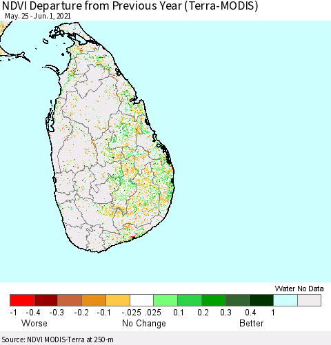 Sri Lanka NDVI Departure from Previous Year (Terra-MODIS) Thematic Map For 5/25/2021 - 6/1/2021