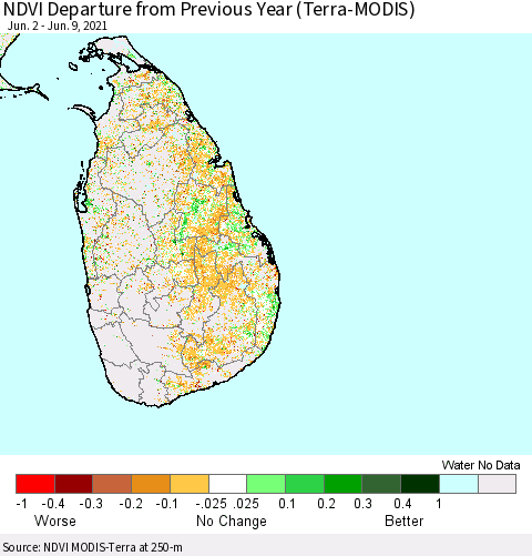 Sri Lanka NDVI Departure from Previous Year (Terra-MODIS) Thematic Map For 6/2/2021 - 6/9/2021