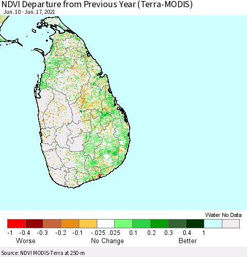 Sri Lanka NDVI Departure from Previous Year (Terra-MODIS) Thematic Map For 6/10/2021 - 6/17/2021