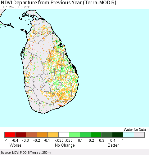 Sri Lanka NDVI Departure from Previous Year (Terra-MODIS) Thematic Map For 6/26/2021 - 7/3/2021