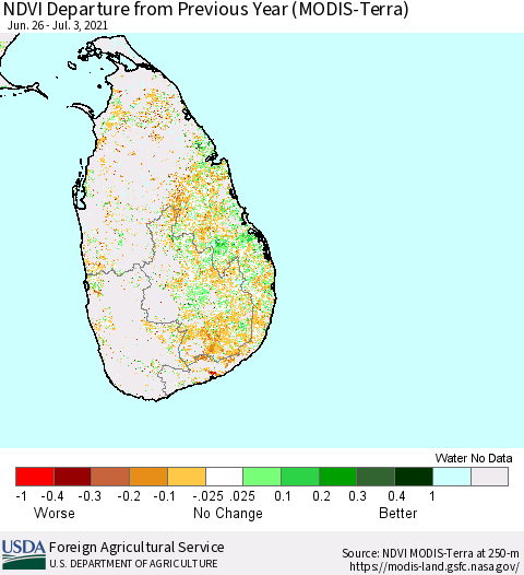 Sri Lanka NDVI Departure from Previous Year (Terra-MODIS) Thematic Map For 7/1/2021 - 7/10/2021