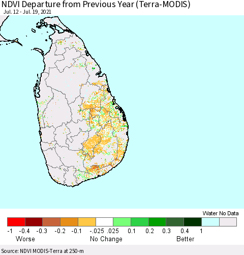 Sri Lanka NDVI Departure from Previous Year (Terra-MODIS) Thematic Map For 7/12/2021 - 7/19/2021
