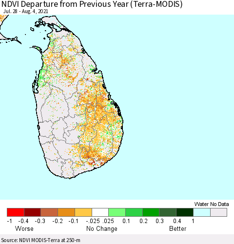 Sri Lanka NDVI Departure from Previous Year (Terra-MODIS) Thematic Map For 7/28/2021 - 8/4/2021