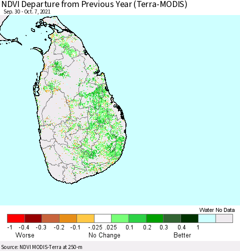 Sri Lanka NDVI Departure from Previous Year (Terra-MODIS) Thematic Map For 9/30/2021 - 10/7/2021