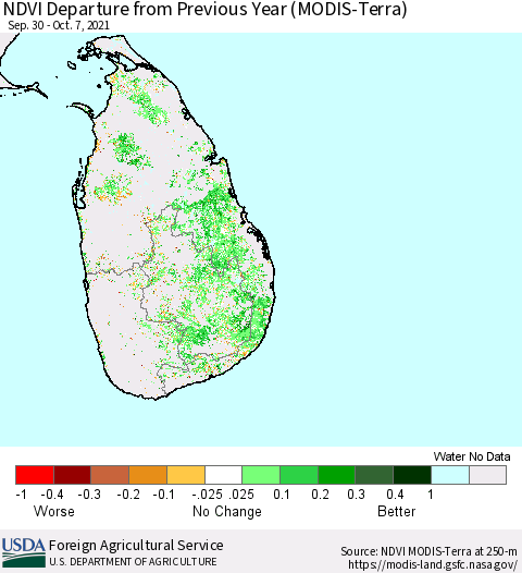Sri Lanka NDVI Departure from Previous Year (Terra-MODIS) Thematic Map For 10/1/2021 - 10/10/2021